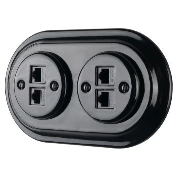 Dupla RJ45 aljzat – fekete porcelán kerettel (2×RJ45, CAT5e/CAT6)